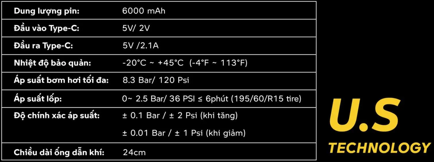 Thông số kỹ thuật bơm lốp ô tô mini T8