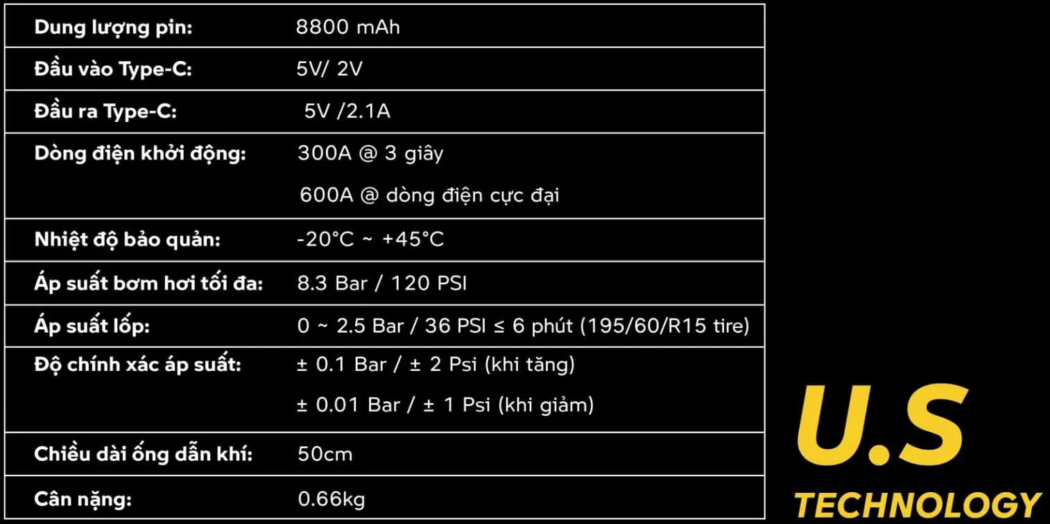 Thông số kỹ thuật bơm lốp ô tô mini T8 PRO