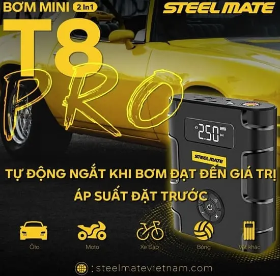 Bơm lốp ô tô mini đa năng, kiêm kích bình T8 PRO chính hãng STEELMATE