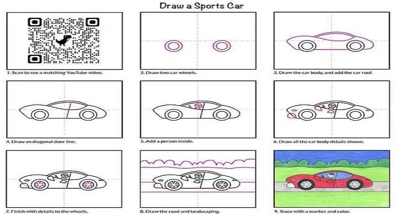 Hướng dẫn vẽ tranh xe ô tô hoạt hình cho trẻ mẫu 5